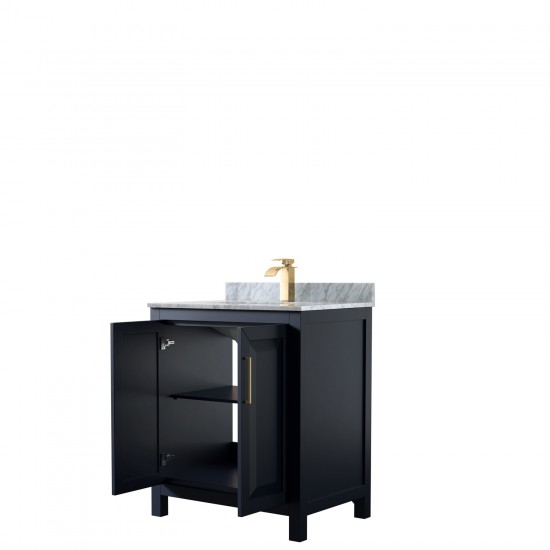 30 Inch Single Bathroom Vanity in Dark Blue, White Carrara Marble Countertop, Sink, No Mirror