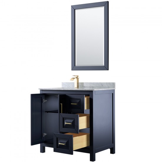 36 Inch Single Bathroom Vanity in Dark Blue, White Carrara Marble Countertop, Sink, 24 Inch Mirror