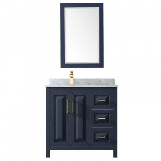 36 Inch Single Bathroom Vanity in Dark Blue, White Carrara Marble Countertop, Sink, 24 Inch Mirror