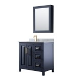 36 Inch Single Bathroom Vanity in Dark Blue, White Carrara Marble Countertop, Sink, Medicine Cabinet