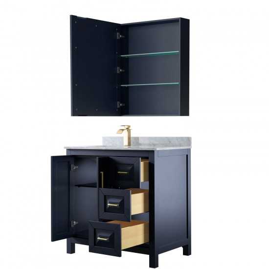 36 Inch Single Bathroom Vanity in Dark Blue, White Carrara Marble Countertop, Sink, Medicine Cabinet