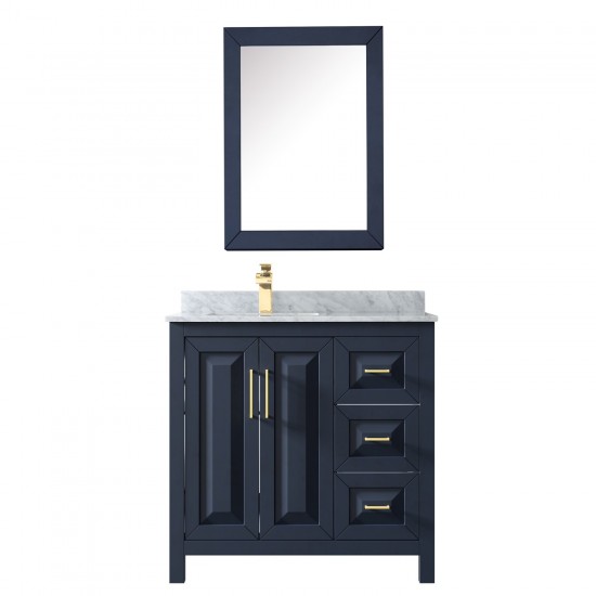 36 Inch Single Bathroom Vanity in Dark Blue, White Carrara Marble Countertop, Sink, Medicine Cabinet