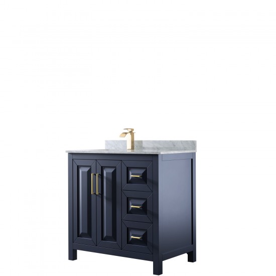 36 Inch Single Bathroom Vanity in Dark Blue, White Carrara Marble Countertop, Sink, No Mirror