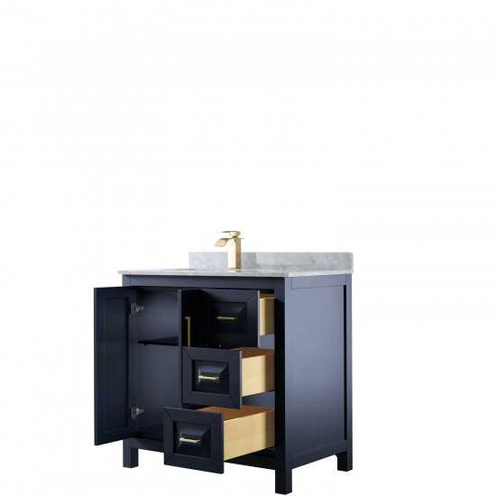 36 Inch Single Bathroom Vanity in Dark Blue, White Carrara Marble Countertop, Sink, No Mirror