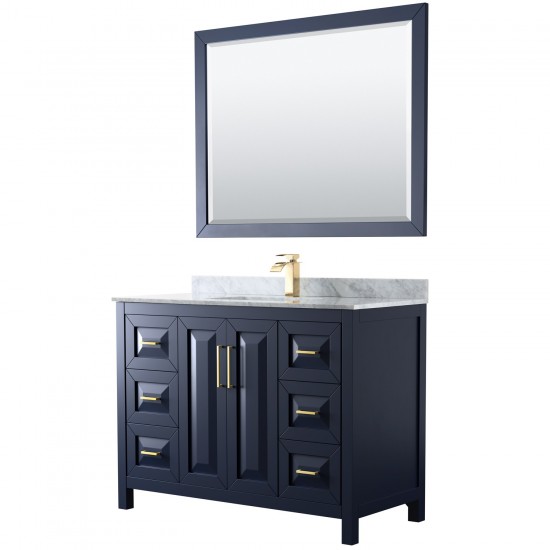 48 Inch Single Bathroom Vanity in Dark Blue, White Carrara Marble Countertop, Sink, 46 Inch Mirror