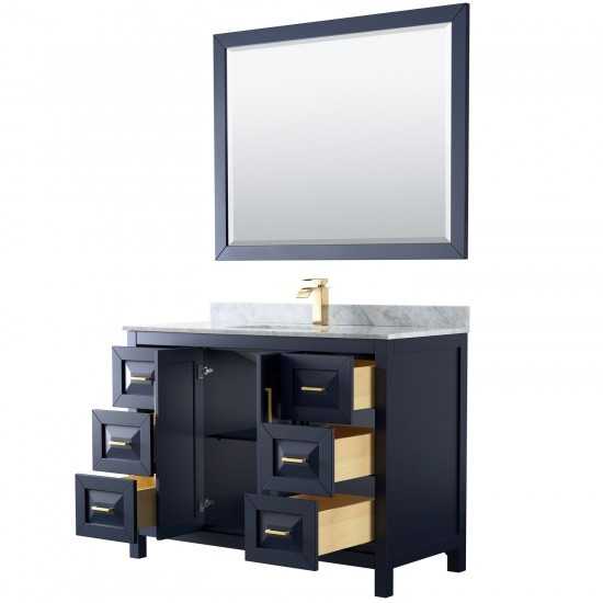 48 Inch Single Bathroom Vanity in Dark Blue, White Carrara Marble Countertop, Sink, 46 Inch Mirror