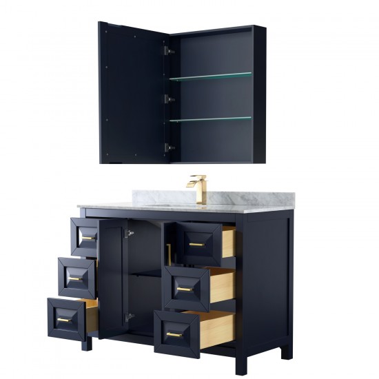 48 Inch Single Bathroom Vanity in Dark Blue, White Carrara Marble Countertop, Sink, Medicine Cabinet