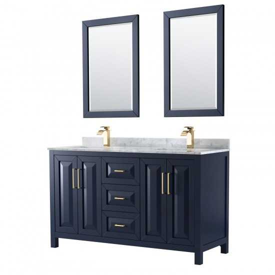 60 Inch Double Bathroom Vanity in Dark Blue, White Carrara Marble Countertop, Sinks, 24 Inch Mirrors