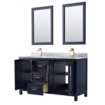 60 Inch Double Bathroom Vanity in Dark Blue, White Carrara Marble Countertop, Sinks, 24 Inch Mirrors