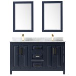 60 Inch Double Bathroom Vanity in Dark Blue, White Carrara Marble Countertop, Sinks, 24 Inch Mirrors