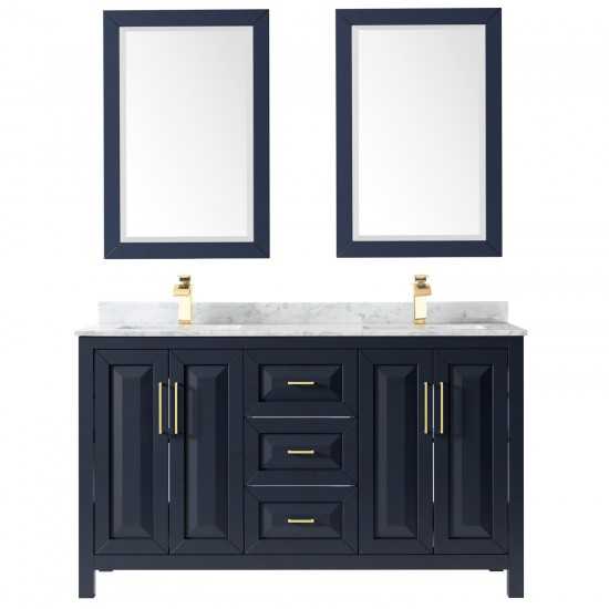 60 Inch Double Bathroom Vanity in Dark Blue, White Carrara Marble Countertop, Sinks, 24 Inch Mirrors