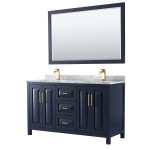 60 Inch Double Bathroom Vanity in Dark Blue, White Carrara Marble Countertop, Sinks, 58 Inch Mirror