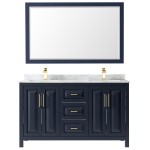 60 Inch Double Bathroom Vanity in Dark Blue, White Carrara Marble Countertop, Sinks, 58 Inch Mirror