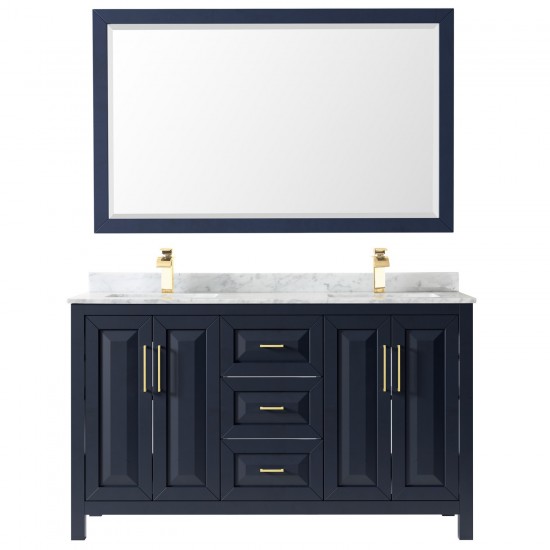 60 Inch Double Bathroom Vanity in Dark Blue, White Carrara Marble Countertop, Sinks, 58 Inch Mirror