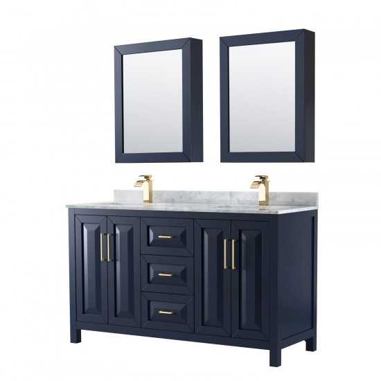 60 Inch Double Bathroom Vanity in Dark Blue, White Carrara Marble Countertop, Sinks, Medicine Cabinets