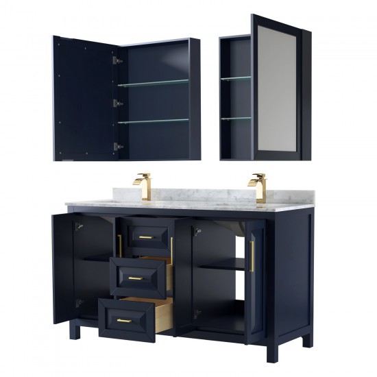 60 Inch Double Bathroom Vanity in Dark Blue, White Carrara Marble Countertop, Sinks, Medicine Cabinets