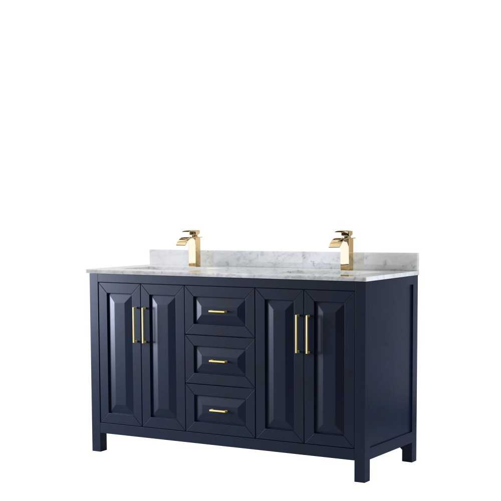 60 Inch Double Bathroom Vanity in Dark Blue, White Carrara Marble Countertop, Sinks, No Mirror