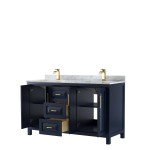 60 Inch Double Bathroom Vanity in Dark Blue, White Carrara Marble Countertop, Sinks, No Mirror