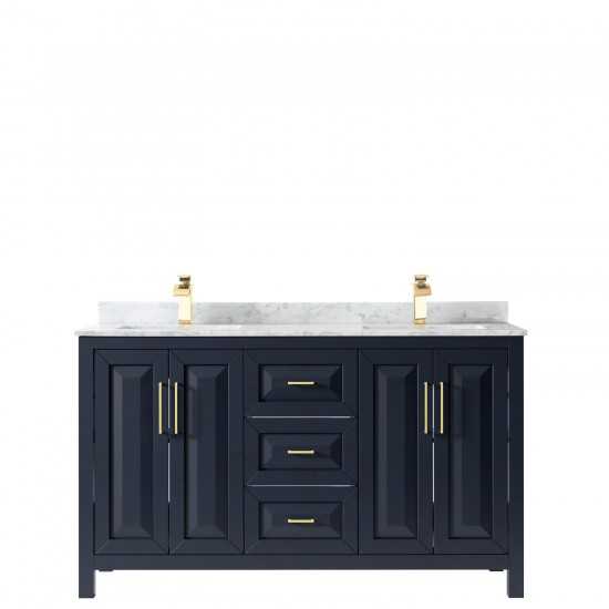 60 Inch Double Bathroom Vanity in Dark Blue, White Carrara Marble Countertop, Sinks, No Mirror