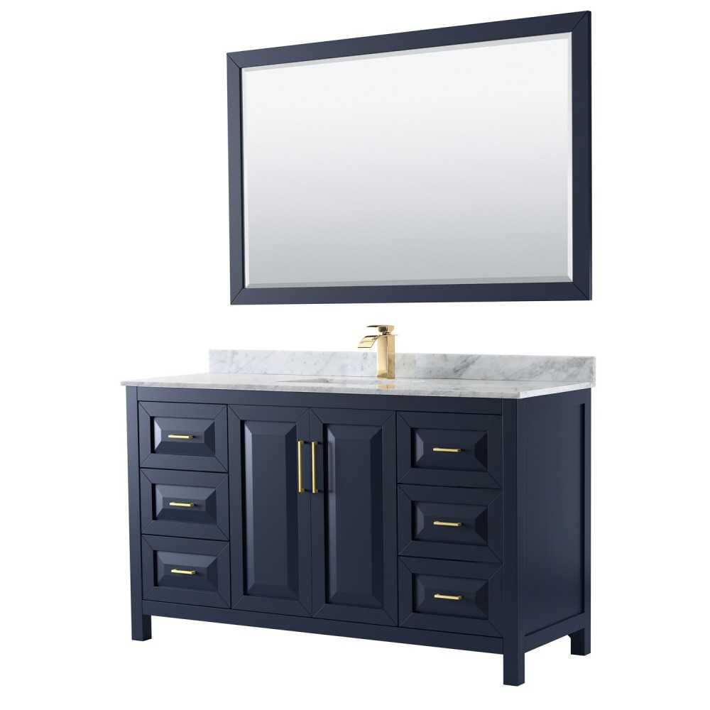 60 Inch Single Bathroom Vanity in Dark Blue, White Carrara Marble Countertop, Sink, 58 Inch Mirror