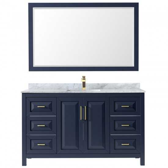 60 Inch Single Bathroom Vanity in Dark Blue, White Carrara Marble Countertop, Sink, 58 Inch Mirror