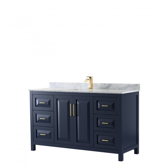 60 Inch Single Bathroom Vanity in Dark Blue, White Carrara Marble Countertop, Sink, No Mirror