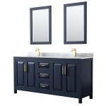 72 Inch Double Bathroom Vanity in Dark Blue, White Carrara Marble Countertop, Sinks, 24 Inch Mirrors