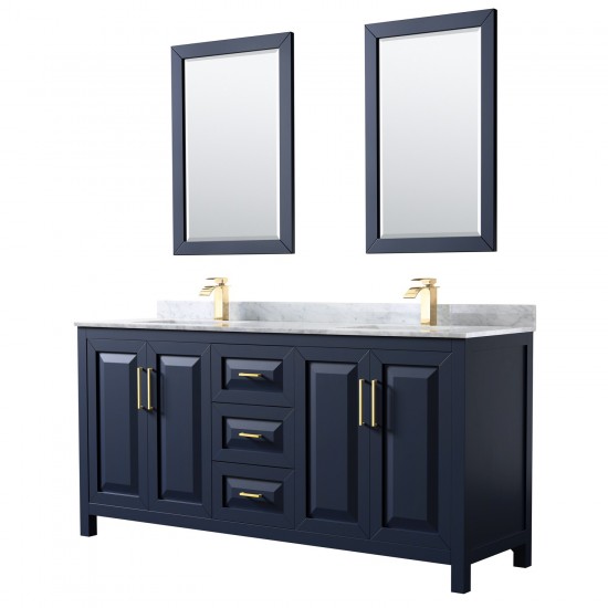 72 Inch Double Bathroom Vanity in Dark Blue, White Carrara Marble Countertop, Sinks, 24 Inch Mirrors