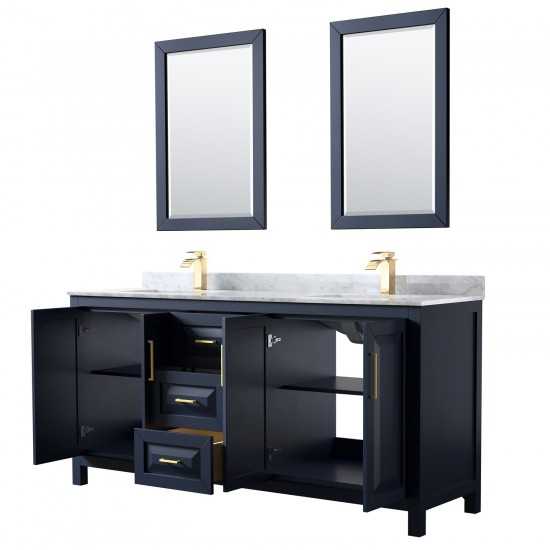 72 Inch Double Bathroom Vanity in Dark Blue, White Carrara Marble Countertop, Sinks, 24 Inch Mirrors