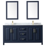 72 Inch Double Bathroom Vanity in Dark Blue, White Carrara Marble Countertop, Sinks, 24 Inch Mirrors