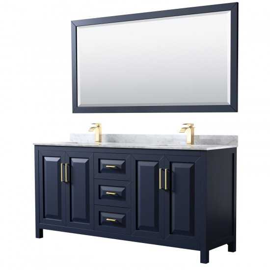 72 Inch Double Bathroom Vanity in Dark Blue, White Carrara Marble Countertop, Sinks, 70 Inch Mirror