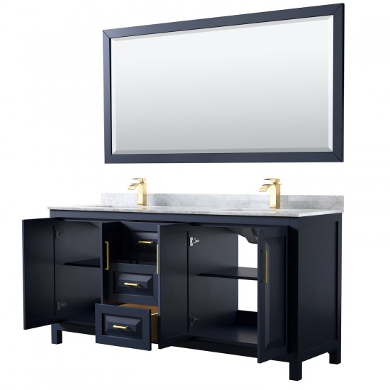 72 Inch Double Bathroom Vanity in Dark Blue, White Carrara Marble Countertop, Sinks, 70 Inch Mirror