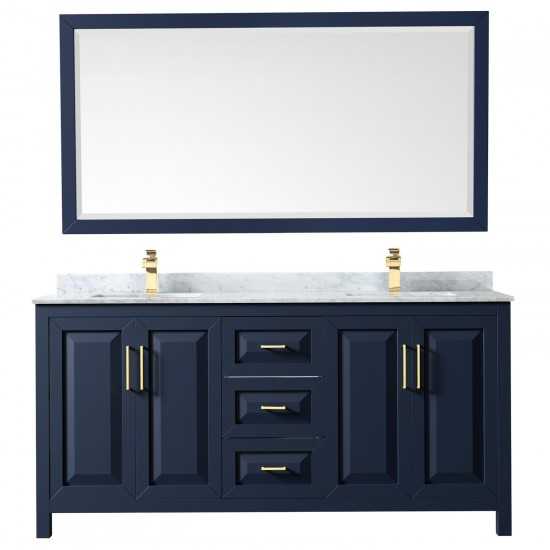 72 Inch Double Bathroom Vanity in Dark Blue, White Carrara Marble Countertop, Sinks, 70 Inch Mirror