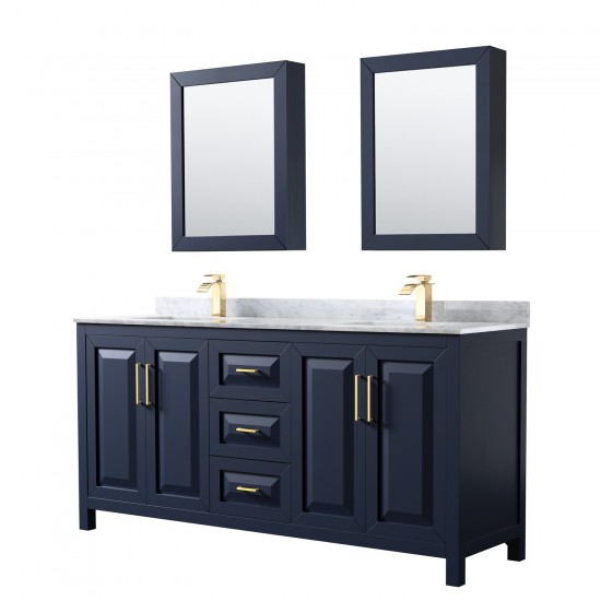 72 Inch Double Bathroom Vanity in Dark Blue, White Carrara Marble Countertop, Sinks, Medicine Cabinets