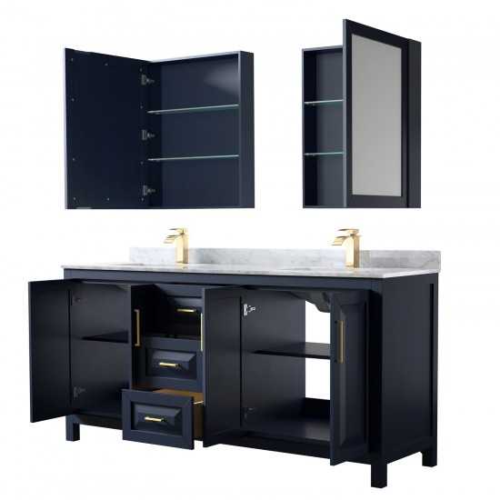 72 Inch Double Bathroom Vanity in Dark Blue, White Carrara Marble Countertop, Sinks, Medicine Cabinets