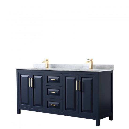 72 Inch Double Bathroom Vanity in Dark Blue, White Carrara Marble Countertop, Sinks, No Mirror