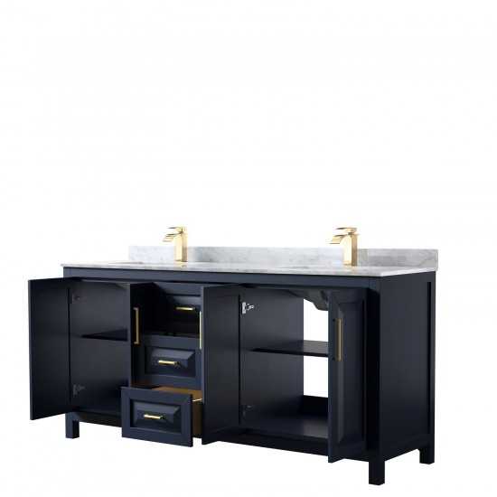 72 Inch Double Bathroom Vanity in Dark Blue, White Carrara Marble Countertop, Sinks, No Mirror