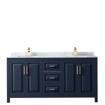 72 Inch Double Bathroom Vanity in Dark Blue, White Carrara Marble Countertop, Sinks, No Mirror