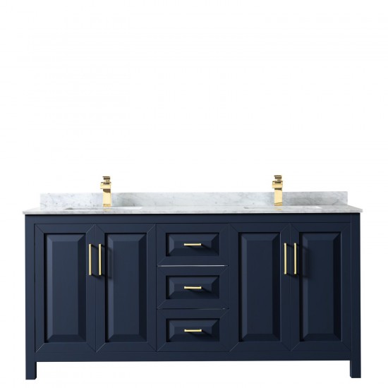 72 Inch Double Bathroom Vanity in Dark Blue, White Carrara Marble Countertop, Sinks, No Mirror