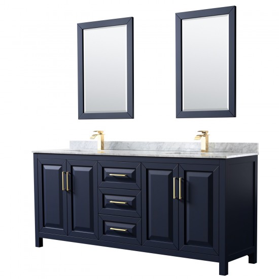 80 Inch Double Bathroom Vanity in Dark Blue, White Carrara Marble Countertop, Sinks, 24 Inch Mirrors