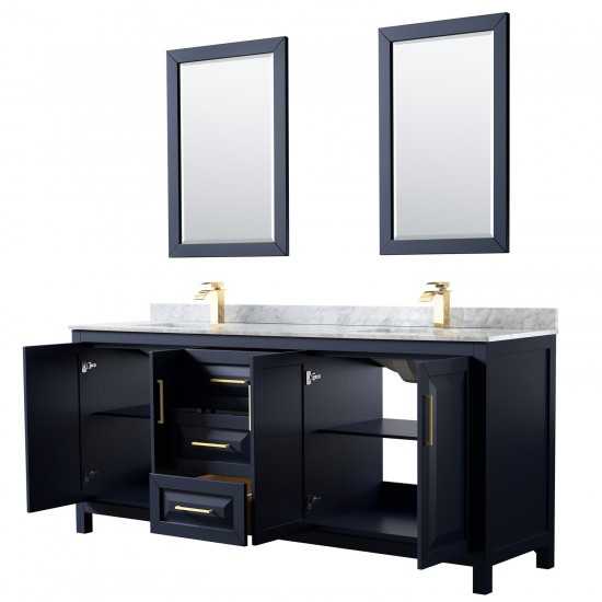 80 Inch Double Bathroom Vanity in Dark Blue, White Carrara Marble Countertop, Sinks, 24 Inch Mirrors