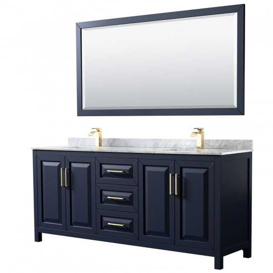 80 Inch Double Bathroom Vanity in Dark Blue, White Carrara Marble Countertop, Sinks, 70 Inch Mirror