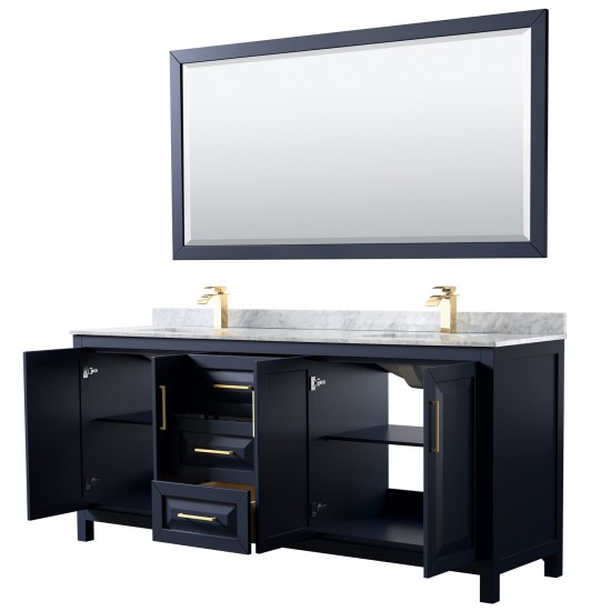 80 Inch Double Bathroom Vanity in Dark Blue, White Carrara Marble Countertop, Sinks, 70 Inch Mirror