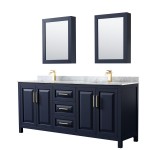 80 Inch Double Bathroom Vanity in Dark Blue, White Carrara Marble Countertop, Sinks, Medicine Cabinets