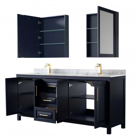 80 Inch Double Bathroom Vanity in Dark Blue, White Carrara Marble Countertop, Sinks, Medicine Cabinets