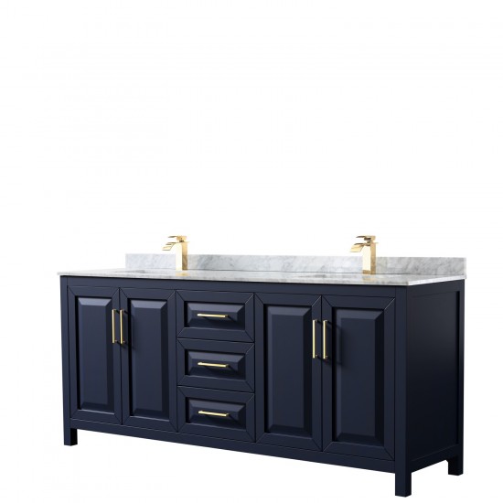 80 Inch Double Bathroom Vanity in Dark Blue, White Carrara Marble Countertop, Sinks, No Mirror