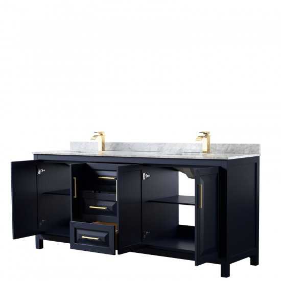 80 Inch Double Bathroom Vanity in Dark Blue, White Carrara Marble Countertop, Sinks, No Mirror