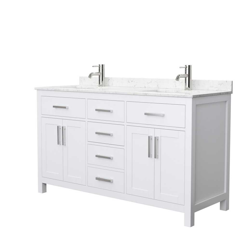 60 Inch Double Bathroom Vanity in White, Carrara Cultured Marble Countertop, Sinks, No Mirror