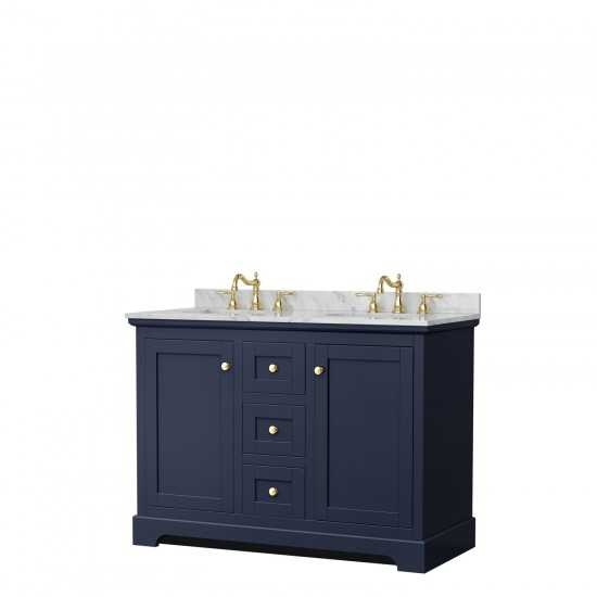 48 Inch Double Bathroom Vanity in Dark Blue, White Carrara Marble Countertop, Oval Sinks, No Mirror