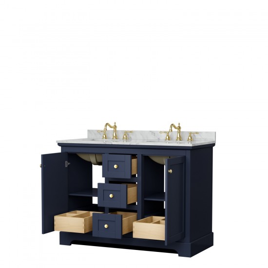 48 Inch Double Bathroom Vanity in Dark Blue, White Carrara Marble Countertop, Oval Sinks, No Mirror